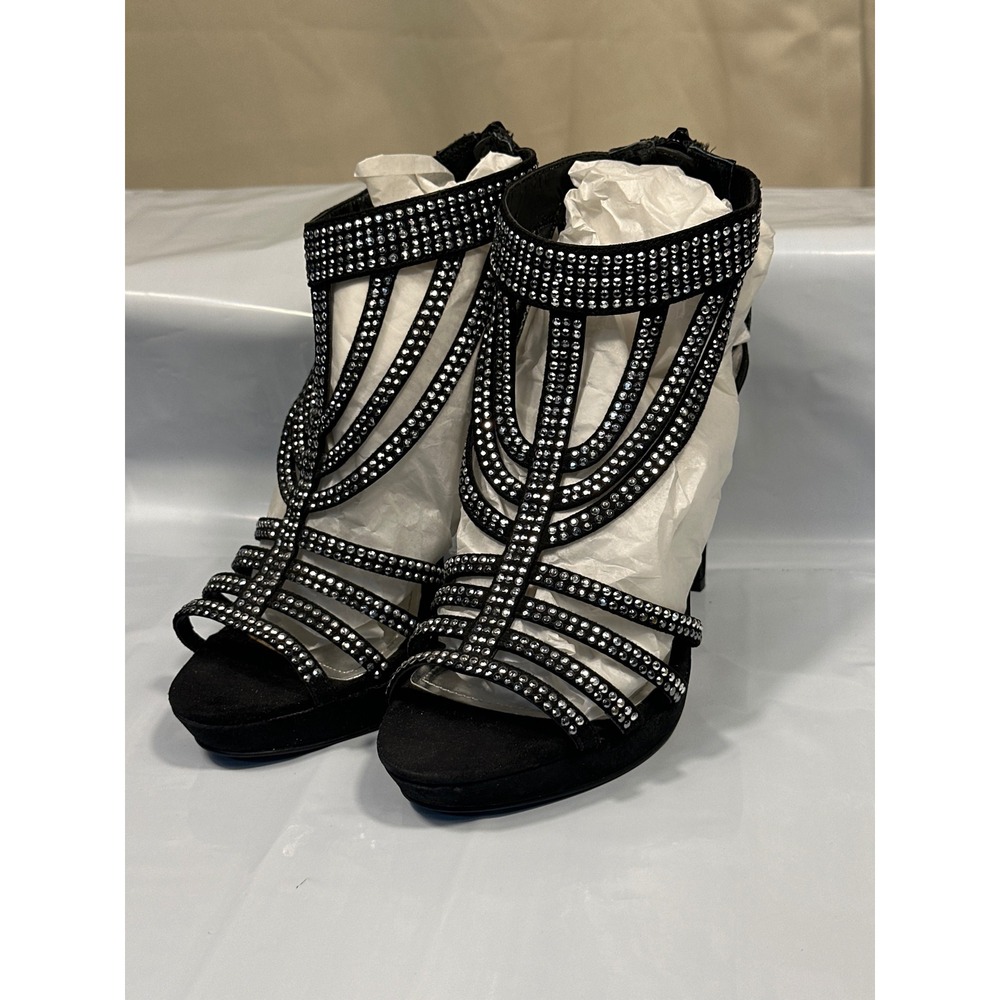 Jennifer Lopez Strappy Cage Heels Women 7 Black Rhinestone JLTIFABL Excellent